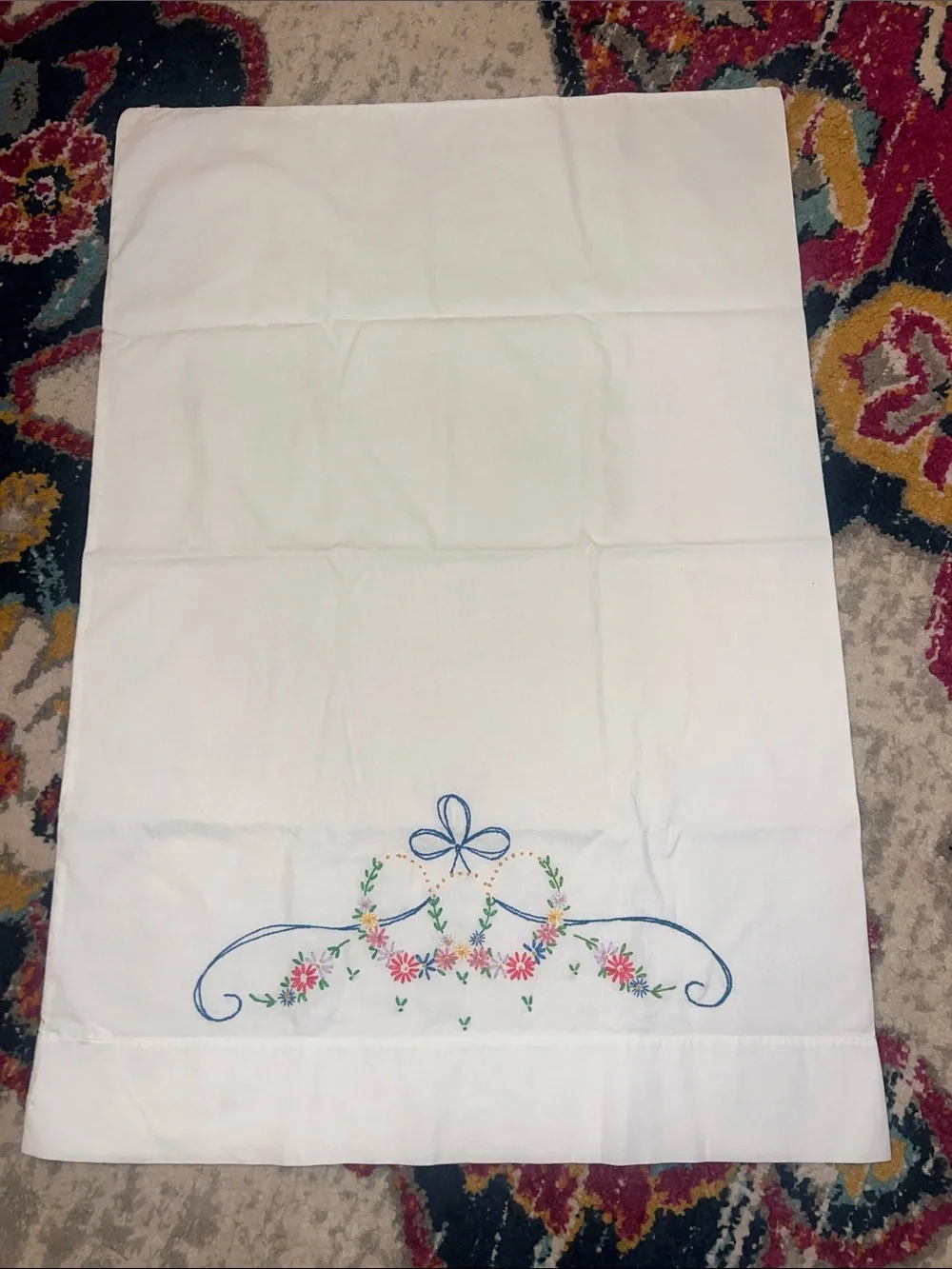 Hand sewn White and blue Embroidered Floral pillow case- standard size bedding